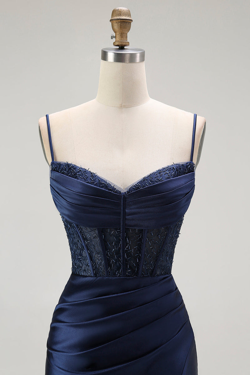 Load image into Gallery viewer, Sparkly Navy Mermaid Satin Long Corset Prom Dress with Beading