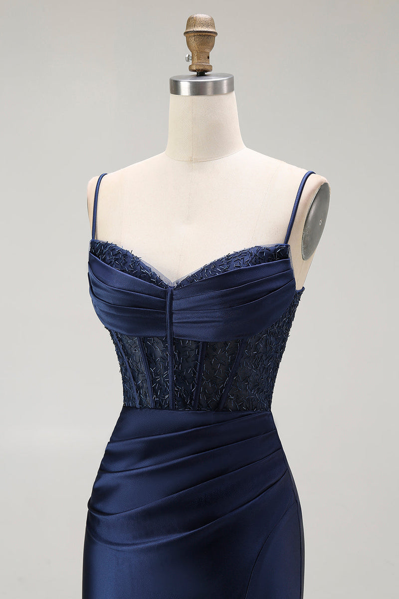 Load image into Gallery viewer, Sparkly Grey Satin Spaghetti Straps Long Corset Prom Dress with Slit