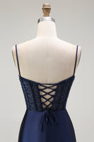 Load image into Gallery viewer, Sparkly Navy Mermaid Satin Long Corset Prom Dress with Beading