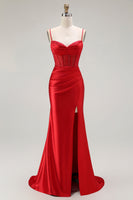 Load image into Gallery viewer, Sparkly Red Ruched Satin Long Corset Prom Dress with Slit