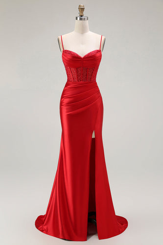 Sparkly Red Ruched Satin Long Corset Prom Dress with Slit