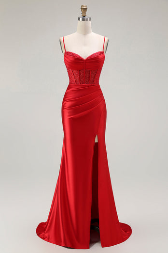 Sparkly Grey Satin Spaghetti Straps Long Corset Prom Dress with Slit