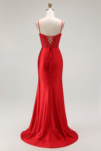 Sparkly Grey Satin Spaghetti Straps Long Corset Prom Dress with Slit
