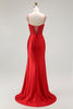 Load image into Gallery viewer, Sparkly Red Ruched Satin Long Corset Prom Dress with Slit