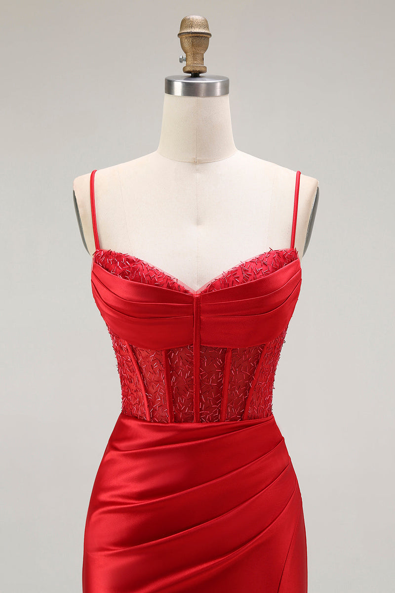 Load image into Gallery viewer, Sparkly Red Ruched Satin Long Corset Prom Dress with Slit
