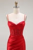 Load image into Gallery viewer, Sparkly Grey Satin Spaghetti Straps Long Corset Prom Dress with Slit