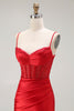 Load image into Gallery viewer, Sparkly Grey Satin Spaghetti Straps Long Corset Prom Dress with Slit