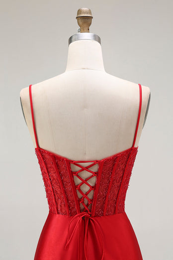 Sparkly Red Ruched Satin Long Corset Prom Dress with Slit