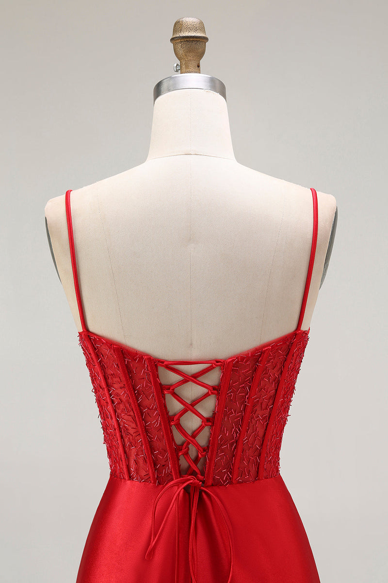 Load image into Gallery viewer, Sparkly Red Ruched Satin Long Corset Prom Dress with Slit