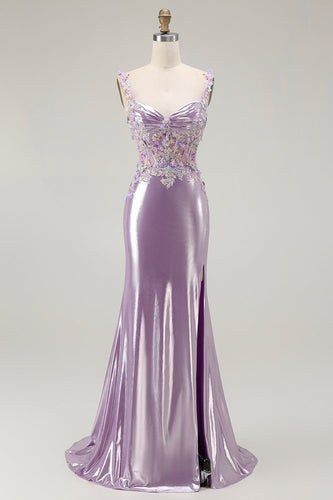 Sparkly Floral Lilac Mermaid Long Prom Dress with Slit