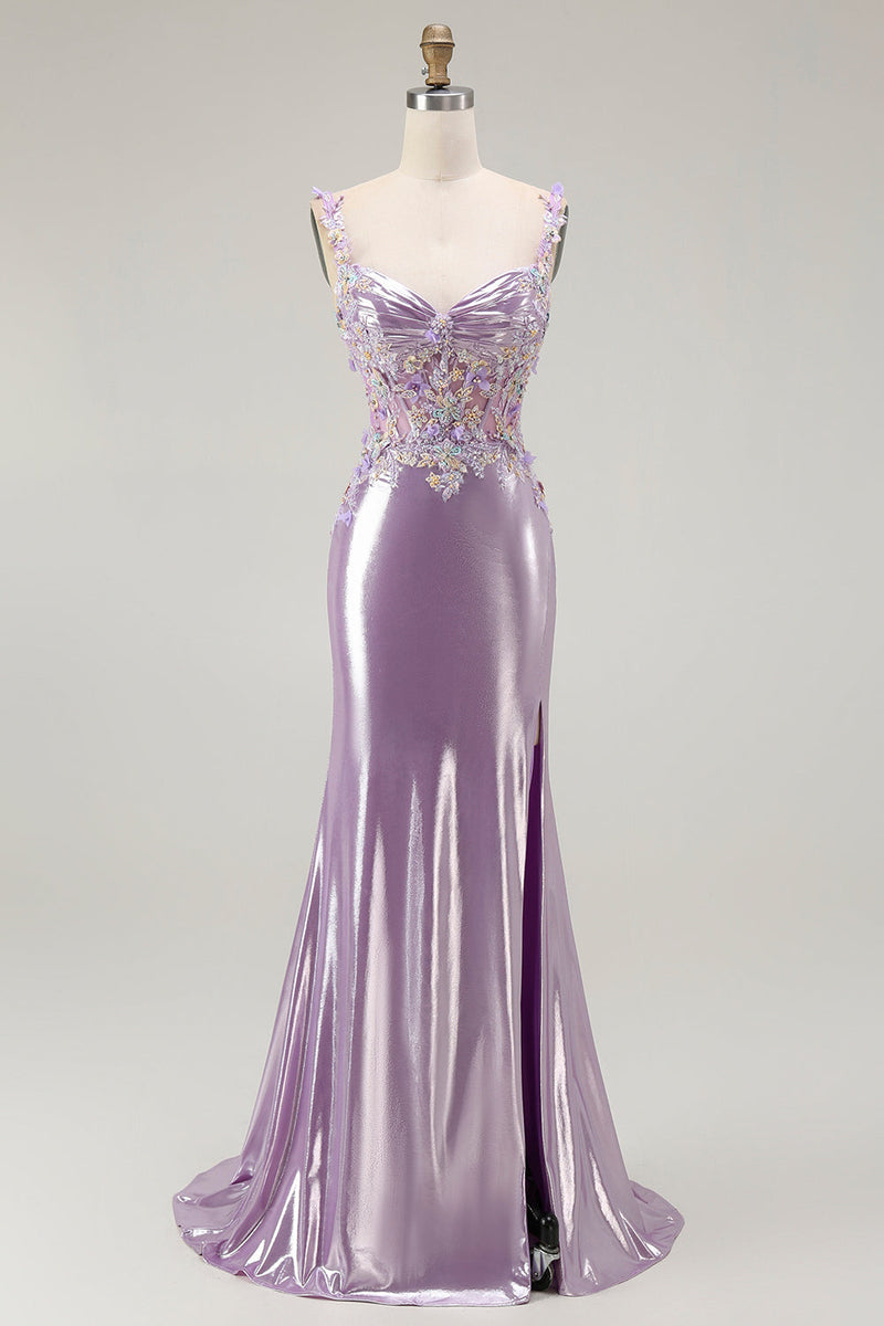 Load image into Gallery viewer, Sparkly Floral Lilac Mermaid Long Prom Dress with Slit