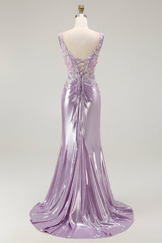 Sparkly Floral Lilac Mermaid Long Prom Dress with Slit