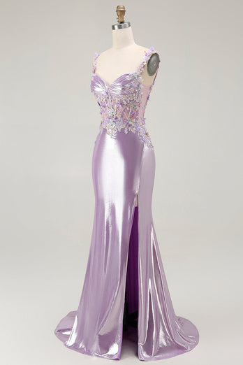Sparkly Floral Lilac Mermaid Long Prom Dress with Slit