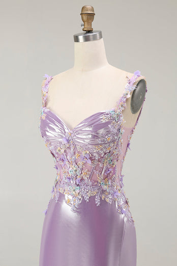 Sparkly Floral Lilac Mermaid Long Prom Dress with Slit