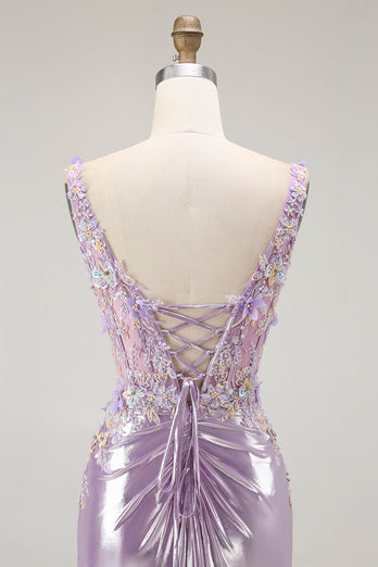 Sparkly Floral Lilac Mermaid Long Prom Dress with Slit