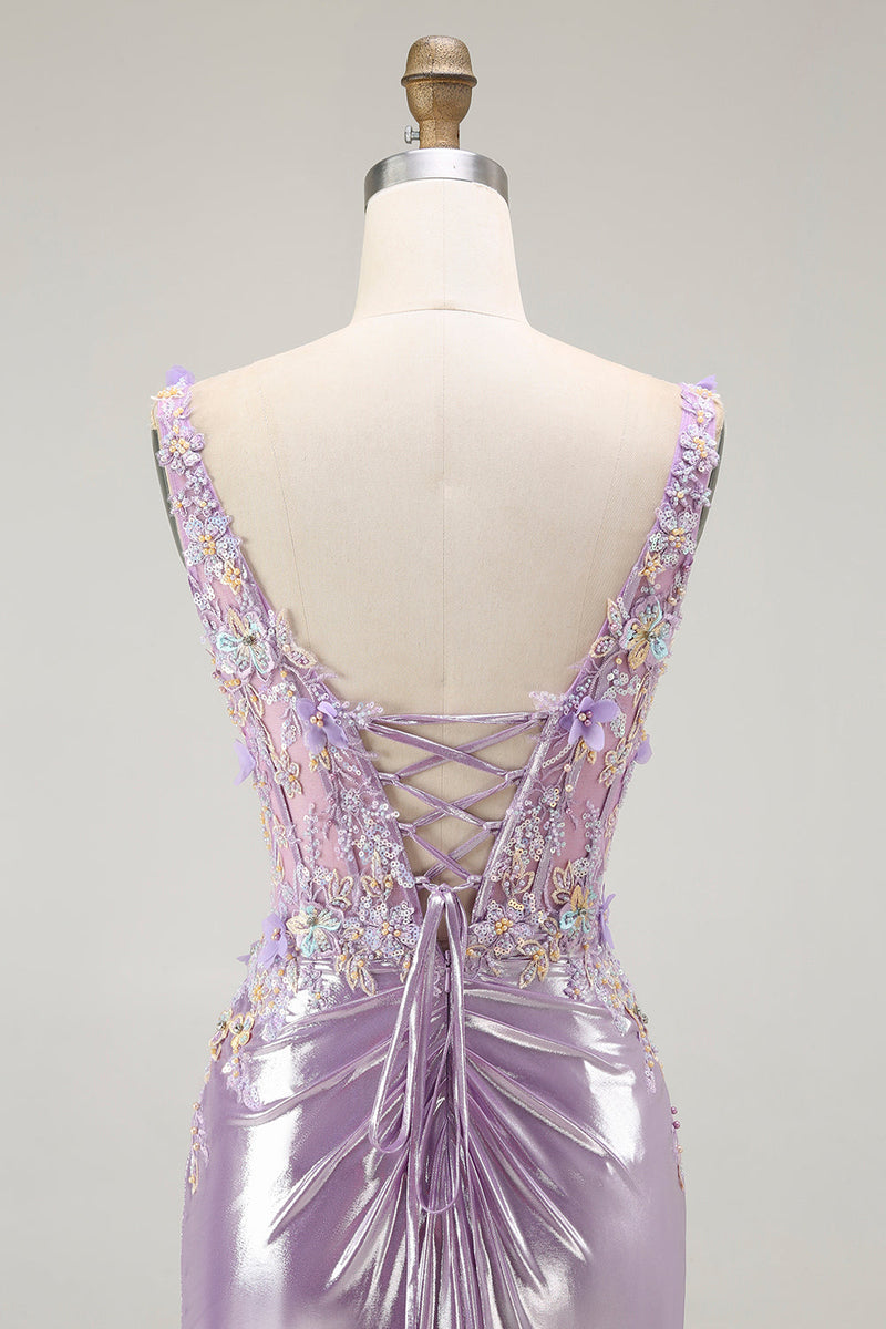 Load image into Gallery viewer, Sparkly Floral Lilac Mermaid Long Prom Dress with Slit