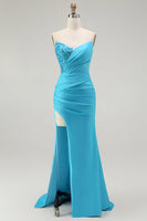 Load image into Gallery viewer, Sparkly Blue Mermaid Satin Strapless Long Prom Dress with Slit