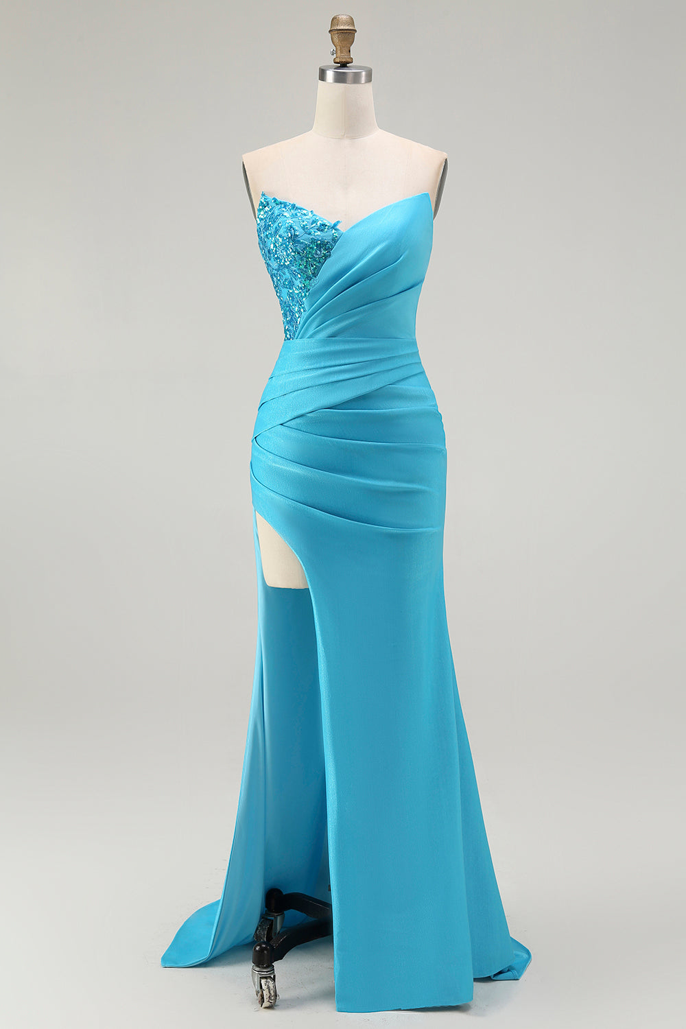 Sparkly Blue Mermaid Satin Strapless Long Prom Dress with Slit