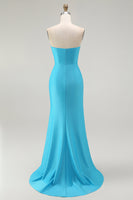Load image into Gallery viewer, Sparkly Blue Mermaid Satin Strapless Long Prom Dress with Slit