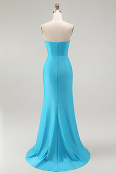 Sparkly Blue Mermaid Satin Strapless Long Prom Dress with Slit