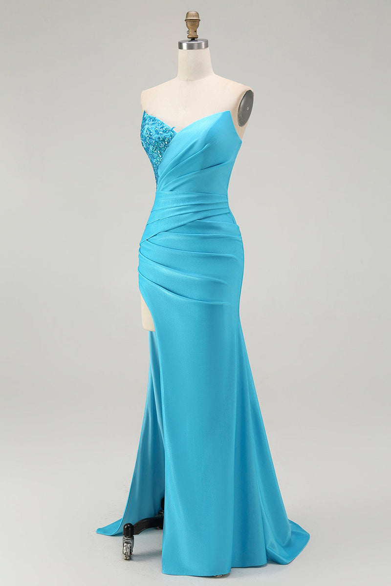 Load image into Gallery viewer, Sparkly Blue Mermaid Satin Strapless Long Prom Dress with Slit