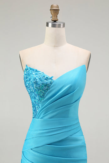 Sparkly Blue Mermaid Satin Strapless Long Prom Dress with Slit