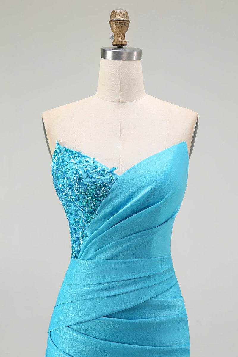 Load image into Gallery viewer, Sparkly Blue Mermaid Satin Strapless Long Prom Dress with Slit