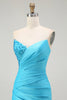 Load image into Gallery viewer, Sparkly Blue Mermaid Satin Strapless Long Prom Dress with Slit