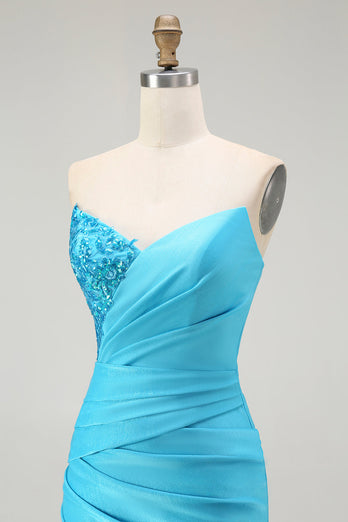 Sparkly Blue Mermaid Satin Strapless Long Prom Dress with Slit