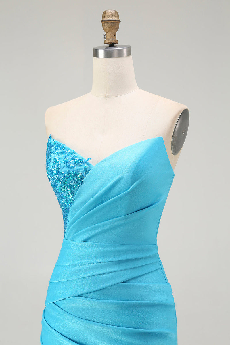 Load image into Gallery viewer, Sparkly Blue Mermaid Satin Strapless Long Prom Dress with Slit