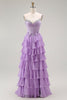 Load image into Gallery viewer, Sparkly Purple Chiffon Tiered A Line Long Corset Prom Dress with Bows