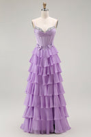 Load image into Gallery viewer, Sparkly Purple Chiffon Tiered A Line Long Corset Prom Dress with Bows