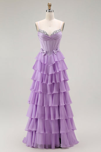 Sparkly Purple Chiffon Tiered A Line Long Corset Prom Dress with Bows