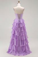 Load image into Gallery viewer, Sparkly Purple Chiffon Tiered A Line Long Corset Prom Dress with Bows