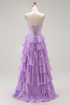Sparkly Purple Chiffon Tiered A Line Long Corset Prom Dress with Bows