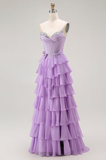 Sparkly Purple Chiffon Tiered A Line Long Corset Prom Dress with Bows