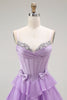 Load image into Gallery viewer, Sparkly Purple Chiffon Tiered A Line Long Corset Prom Dress with Bows