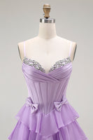 Load image into Gallery viewer, Sparkly Purple Chiffon Tiered A Line Long Corset Prom Dress with Bows