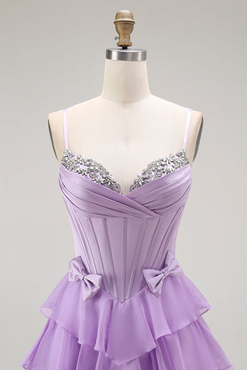 Sparkly Purple Chiffon Tiered A Line Long Corset Prom Dress with Bows