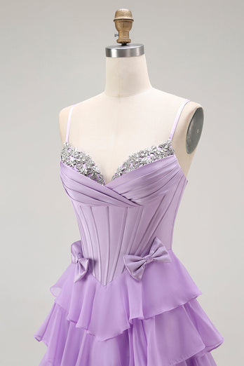 Sparkly Purple Chiffon Tiered A Line Long Corset Prom Dress with Bows