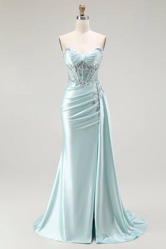 Sparkly Floral Light Green Satin Mermaid Long Corset Prom Dress with Slit