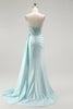 Load image into Gallery viewer, Sparkly Floral Light Green Satin Mermaid Long Corset Prom Dress with Slit