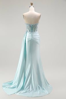 Sparkly Floral Light Green Satin Mermaid Long Corset Prom Dress with Slit