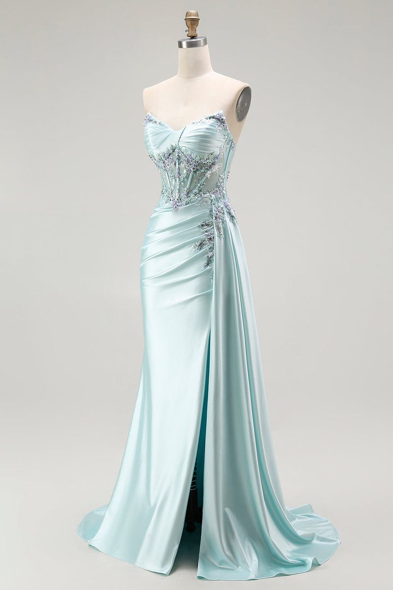 Load image into Gallery viewer, Sparkly Floral Light Green Satin Mermaid Long Corset Prom Dress with Slit