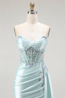 Load image into Gallery viewer, Sparkly Floral Light Green Satin Mermaid Long Corset Prom Dress with Slit
