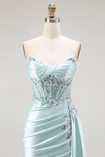 Sparkly Floral Light Green Satin Mermaid Long Corset Prom Dress with Slit