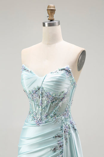 Sparkly Floral Light Green Satin Mermaid Long Corset Prom Dress with Slit