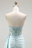 Load image into Gallery viewer, Sparkly Floral Light Green Satin Mermaid Long Corset Prom Dress with Slit