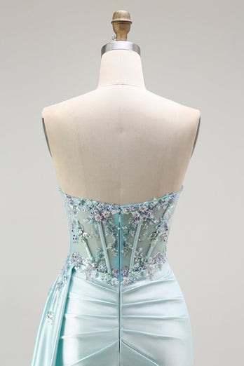 Sparkly Floral Light Green Satin Mermaid Long Corset Prom Dress with Slit