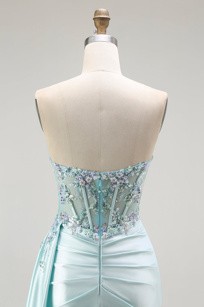 Load image into Gallery viewer, Sparkly Floral Light Green Satin Mermaid Long Corset Prom Dress with Slit
